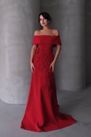 فستان سهره أوف شولدر بورود بارزة لون أحمر