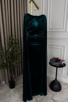 فستان سهرة مخمل بأكمام طويله لون تركواز