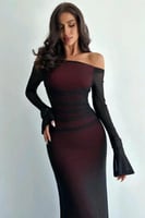 فستان سهره أوف شولدر بأكمام طويلة لون أسود