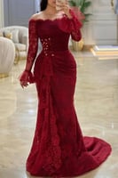 فستان سهره أوف شولدر بأكمام لون أحمر