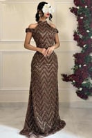 فستان سهره أوف شولدر مشغول لون بني