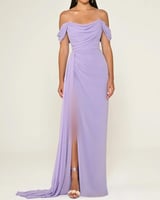 فستان الفابيتا شيفون طويل بفتحة جانبية واكتاف منخف...