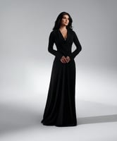 فستان اسود ليكرا سترتش طويل مزموم