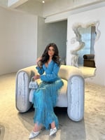 فستان كريب هدب تركواز