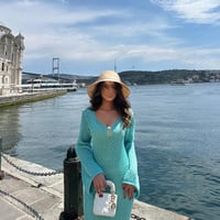 فستان تركواز صيفي تريكو ايطالي مزين بصدفة