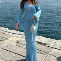 فستان سماوي صيفي تريكو ايطالي مزين بصدفة