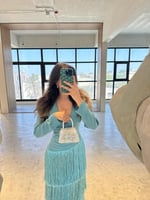 فستان كريب هدب تركواز