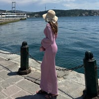 فستان بينك صيفي تريكو ايطالي مزين بصدفة