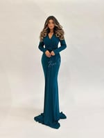 فستان ماكسي جيرسي بصدر درابيه وخصر لف