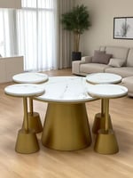 طقم طاولة صاج ذهبي 5 قطع سطح خشب شكل رخام