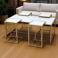 طقم طاولات ذهبي بسطح خشبي أنيق