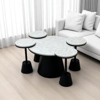 طقم طاولة صاج اسود 5 قطع سطح خشب شكل رخام