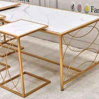 طقم طاولات ذهبي بسطح خشبي:١٢٠×٦٠×٥٠ + ٣٥×٣٥×٥٣-FAN...