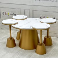 طقم طاولة صاج ذهبي 5 قطع سطح خشب شكل رخام