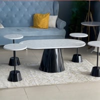 طقم طاولة صاج بيضاوي 5 قطع سطح خشب شكل رخام اسود