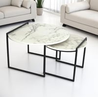 طقم طاولتين قهوة دائري خشب لون ابيض قاعدة معدن لون...