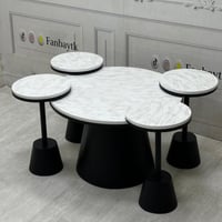 طقم طاولة صاج اسود 5 قطع سطح خشب شكل رخام