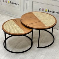 طقم طاولتين متداخلتين راتان وخشب