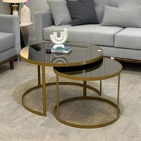 طقم طاولتين ضيافة قزاز بلون بني وهيكل حديدي ذهبي