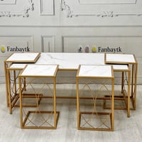 طقم طاولات ذهبي بسطح خشبي:١٢٠×٦٠×٥٠ + ٣٥×٣٥×٥٣-FAN...