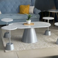 طقم طاولة صاج بيضاوي 5 قطع سطح خشب شكل رخام