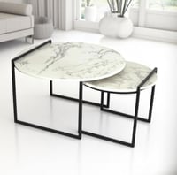 طقم طاولتين قهوة دائري خشب لون ابيض قاعدة معدن لون...