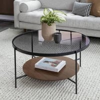 طاولة قهوة حديد ستيل و زجاج و ام دي اف بني وأسود -...