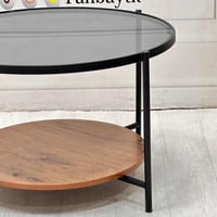 طاولة قهوة حديد ستيل و زجاج و ام دي اف بني وأسود -...