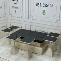 طقم طاولات ضيافة 7 قطع خشب وبسطح قزازي