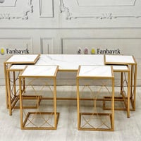 طقم طاولات ذهبي بسطح خشبي:١٢٠×٦٠×٥٠ + ٣٥×٣٥×٥٣-FAN...