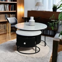 طقم طاولتين بدرج أسود سطح خشب شكل رخام