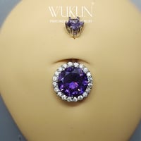 حلق بيرسينج فضة 925S للسرة فص بنفسجي كبير محاط بفص...