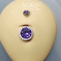 حلق بيرسينج فضة 925S للسرة فص بنفسجي كبير محاط بفص...