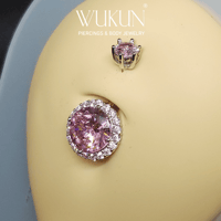 حلق بيرسينج فضة 925S للسرة فص وردي كبير محاط بفصوص...