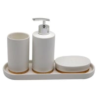 طقم حمام سراميك 4 قطع ابيض بقاعدة خشبية