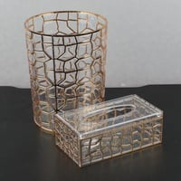 سطل زبالة اكرليك دائري مع علبة مناديل ذهبي 25*20سم