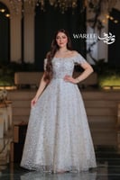 فستان سهرة سكري تول مطرز بألوان باستيل أكتاف منسدل...