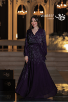 فستان سهرة بنفسجي طويل تطريز خرز فضي أكمام طويلة ح...