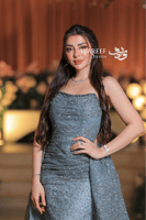 فستان سهرة أزرق سماوي فاخر بتطريز فضّي وقصّة أمامي...