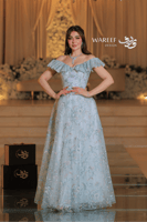 فستان سماوي اوف شولدر مزين بالشك المورد