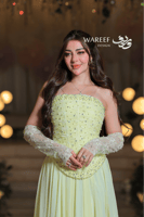 فستان سهرة ليموني راقي باستيل مطرّز باللؤلؤ والكري...