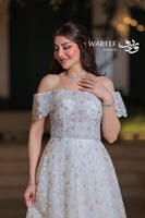 فستان سهرة سكري تول مطرز بألوان باستيل أكتاف منسدل...