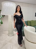 فستان سهرة ماسك استرتش ترتر مزين بالخرز عالكتف