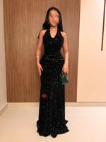 فستان سهرة طويل ستايل ومزين بالقطيفة والترتر اللام...