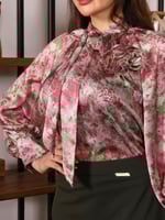 بلوزة نسائية مشجرة أنيقة مع ربطة على الرقبة مع ورد...