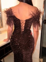 فستان سهرة بتطريز ترتر ومزين بالريش على الاكتاف