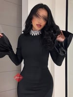 فستان ناعم هاي نيك مزين بالكريستال و اكمام طويلة