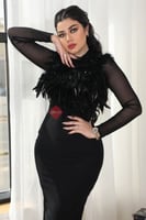 فستان سهرة ميدي تول هاينك مزين بريش الطيور