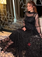 فستان سهرة طويل مزين بالترتر اللامع والدانتيل ستاي...