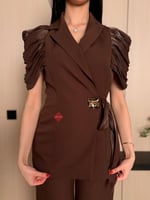 طقم بني كريب فاخر ناعم اكمام قصير دريبيه